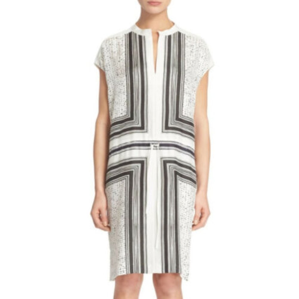 Vince Scarf-Print Drawstring-Waist Silk dress